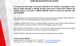 Communiqué (PDF) - L'IMOCA MACSF fait un arrêt à Lorient pour réparation avant de poursuivre sa course