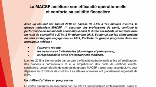 Résultats 2018 : la MACSF confirme la performance de son modèle économique