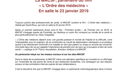 La MACSF, partenaire du film « L’Ordre des Médecins » - En salle le 23 janvier 2019
