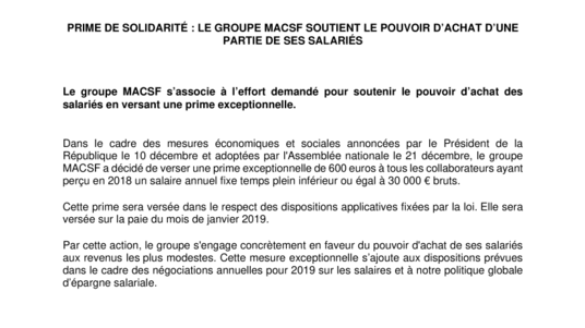Prime de solidarité : la MACSF soutient le pouvoir d'achat de ses salariés