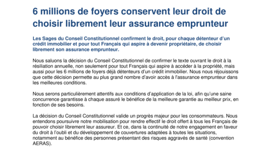 6 millions de foyers conservent leur droit de choisir librement leur assurance emprunteur