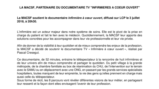 La MACSF, partenaire du documentaire TV "Infirmières à coeur ouvert"