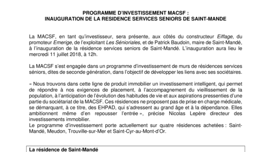 Programme d'investissement MACSF - Inauguration de la résidence services séniors de Saint Mandé