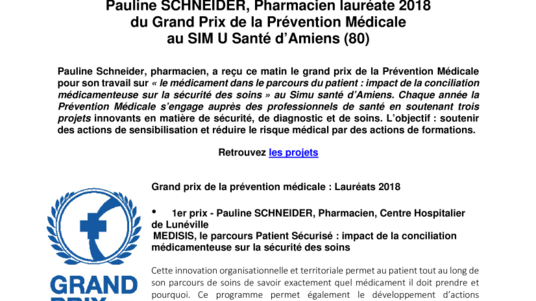 Remise des prix et partenariat. Pauline SCHNEIDER, Pharmacien lauréate 2018 du Grand Prix de la Prévention Médicale au SIM U Santé d’Amiens (80).