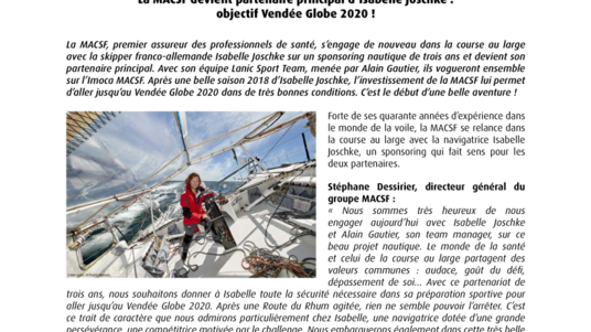 Sponsoring Nautique La MACSF devient partenaire principal d’Isabelle Joschke : objectif Vendée Globe 2020 !
