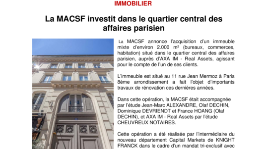 La MACSF investit dans le quartier central des affaires parisien