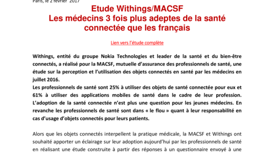 Etude Withings/MACSF : Les médecins 3 fois plus adeptes de la santé connectée que les français