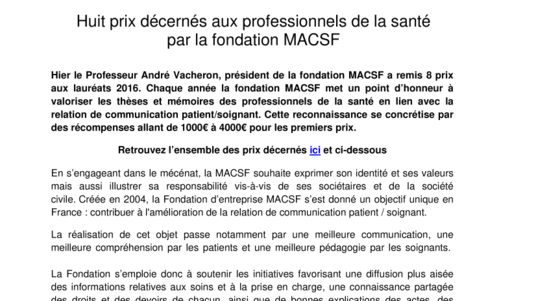 Huit prix décernés aux professionnels de la santé par la fondation MACSF