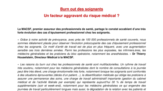 Burn out des soignants, un facteur aggravant du risque médical ?