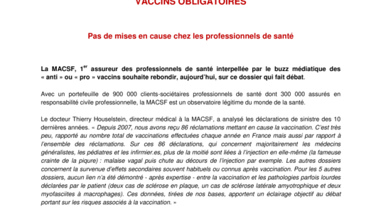 VACCINS OBLIGATOIRES : Pas de mises en cause chez les professionnels de santé