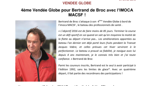4ème Vendée Globe pour Bertrand de Broc avec l’IMOCA MACSF