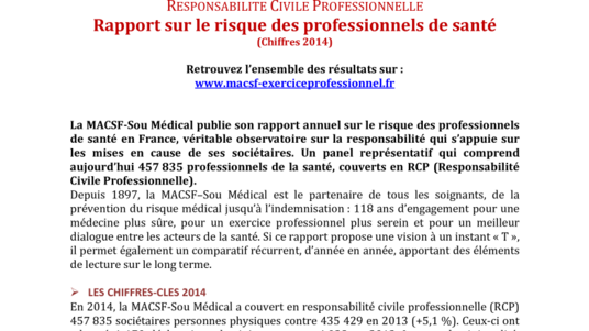 Responsabilité civile professionnelle - Rapport sur le risque des professionnels de santé (chiffres 2014)