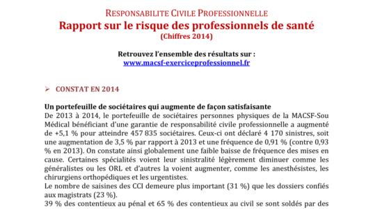 [DOSSIER DE PRESSE] - Rapport 2014 sur le risque des professionnels de santé