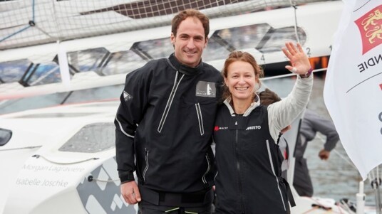 Isabelle Joschke et Morgan Lagravière juste avant le départ de la Transat Jacques Vabre 2019