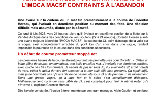 [PDF] Communiqué de presse VENDÉE ARCTIQUE : Corentin Horeau et L'Imoca MACSF contraints à l'abandon.pdf
