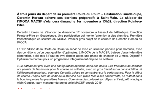[Communiqué de presse] J-3 Avant le départ Route du Rhum MACSF Corentin Horeau