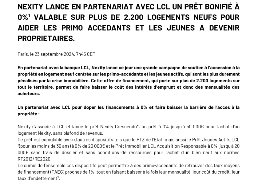 NEXITY LANCE EN PARTENARIAT AVEC LCL UN PRÊT BONIFIÉ À 0 VALABLE SUR PLUS DE 2.200 LOGEMENTS