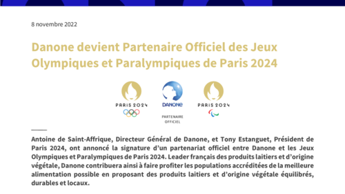 Danone devient Partenaire Officiel des Jeux Olympiques et Paralympiques de  Paris 2024