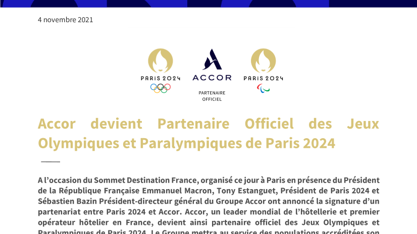 Accor devient Partenaire Officiel des Jeux Olympiques et