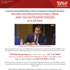 Audition d’Alexandre Benalla au Sénat  record historique pour Public Sénat avec 150 000 téléspectateurs 4,1 % de PDA