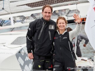 Isabelle Joschke et Morgan Lagravière juste avant le départ de la Transat Jacques Vabre 2019
