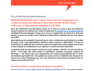 Communique Malakoff Humanis Etude Teletravail Absentéisme Covid 25 juin 2020