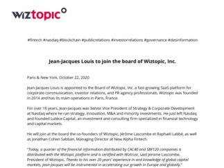 CP - Jean-Jacques Louis to join the board of Wiztopic, Inc.