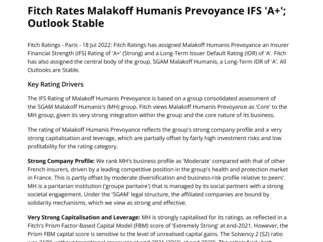 Fitch Rates Malakoff Humanis Prevoyance IFS 'A+' ; Outlook Stable