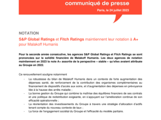 S&P Global Ratings et Fitch Ratings maintiennent leur notation à A+ pour Malakoff Humanis