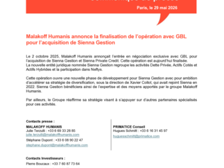 Communiqué de presse Malakoff Humanis & Sienna Gestion avec GBL