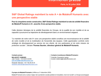Communiqué de presse Malakoff Humanis - Maintien note A+ par S&P Global Ratings