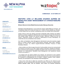 COMMUNIQUÉ DE PRESSE Wiztopic lève 3,7 millions d'euros auprès de NewAlpha AM