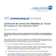 Communiqué de presse - Remise des Médailles du Travail BPALC 2019