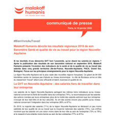 Malakoff Humanis dévoile les résultats régionaux 2019 de son Baromètre Santé et qualité de vie au travail pour la région Nouvelle Aquitaine