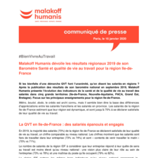 Malakoff Humanis dévoile les résultats régionaux 2019 de son Baromètre Santé et qualité de vie au travail pour la région Ile-de-France