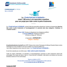 Communiqué de presse -  FONDS ACEF POUR LA SOLIDARITE / ENTRAID ART  (57)