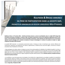 Kaufman & Broad annonce sa prise de participation dans la société SPM, promoteur immobilier en région Languedoc-Midi-Pyrénées