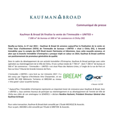 Kaufman & Broad SA finalise la vente de l'immeuble « UNITED »