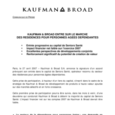 Kaufman & Broad entre sur le marché des résidences pour personnes agées  dépendantes