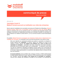 Vaccination Covid-19, Malakoff Humanis poursuit sa mobilisation aux côtés des entreprises