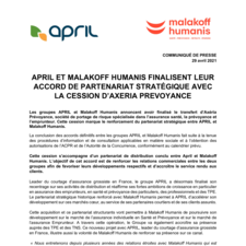 APRIL et Malakoff Humanis finalisent leur accord de partenariat stratégique avec la cession d'Axéria Prévoyance