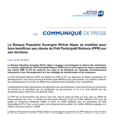 Communiqué de Presse - La BPAURA se mobilise pour faire bénéficier ses clients du Prêt Participatif Relance (PPR) sur le territoire