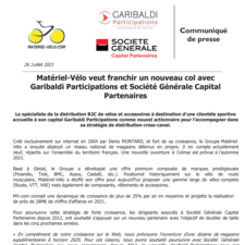 Communiqué de presse - Matériel-Vélo veut franchir un nouveau col avec Garibaldi Participations et Société Générale Capital Partenaires