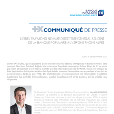 Communiqué de Presse - Lionel Raymond nommé Directeur Général Adjoint de la Banque Populaire Auvergne Rhône Alpes