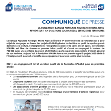 Communiqué de Presse -  LA FONDATION BANQUE POPULAIRE AUVERGNE RHONE ALPES  REVIENT SUR 1 AN D’ACTIONS SOLIDAIRES AU SERVICE DES TERRITOIRES