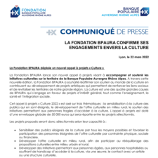 Communiqué de Presse - La Fondation BPAURA lance son  appel à projets culture 2022