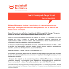 Malakoff Humanis finalise l’acquisition du cabinet de courtage Mésange Prévoyance et renforce ses positions sur le marché de l’assurance obsèques