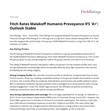 Fitch Rates Malakoff Humanis Prevoyance IFS 'A+' ; Outlook Stable
