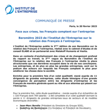 CP Face aux crises, les Français comptent sur l'entreprise. Baromètre 2023 de l’Institut de l’Entreprise sur la relation des Français à l’entreprise