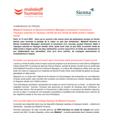 Communiqué de presse : Malakoff Humanis et Sienna Investment Managers annoncent l’ouverture à l’épargne salariale et l’épargne retraite de leur fonds de dette privée à impact social